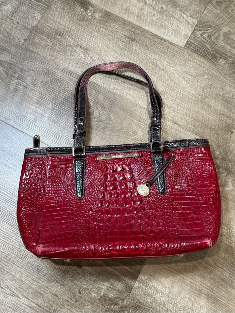 BRAHMIN Medium Asher Melbourne Croc Embossed Leather Red Lava Brown Tote Bag